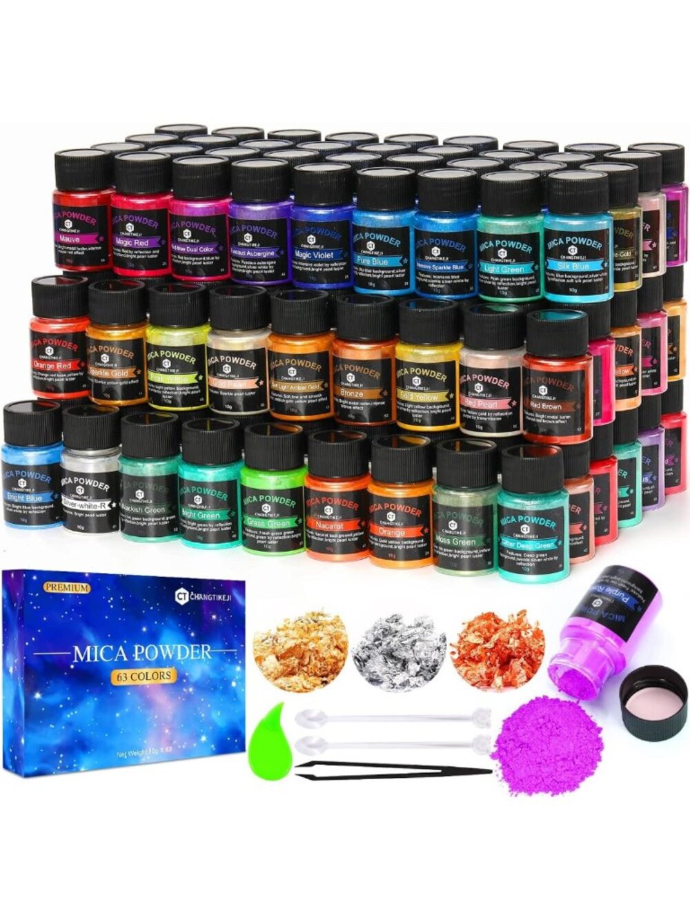 Vibrant Mica Powder Set - 63 Colors, 10g Bottles for Resin, Soap, Nail Art